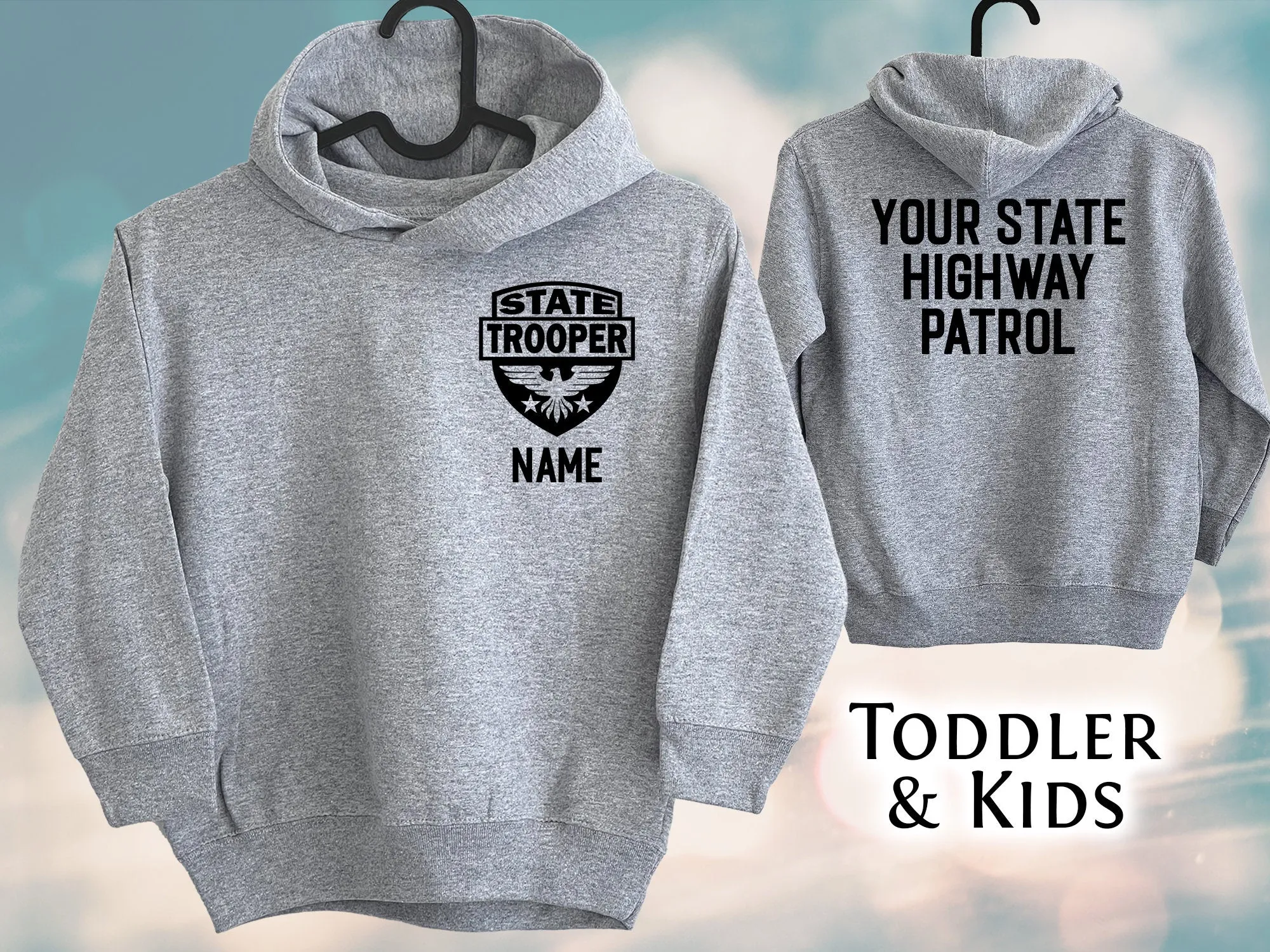 State Trooper Toddler Gray Heather Hoodie with Shield and Personalized Name - Optional Highway Patrol  or Other Text on Back