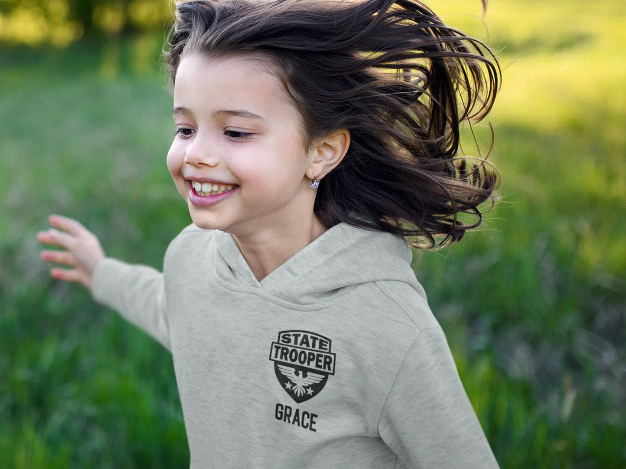 State Trooper Toddler Gray Heather Hoodie with Shield and Personalized Name - Optional Highway Patrol  or Other Text on Back