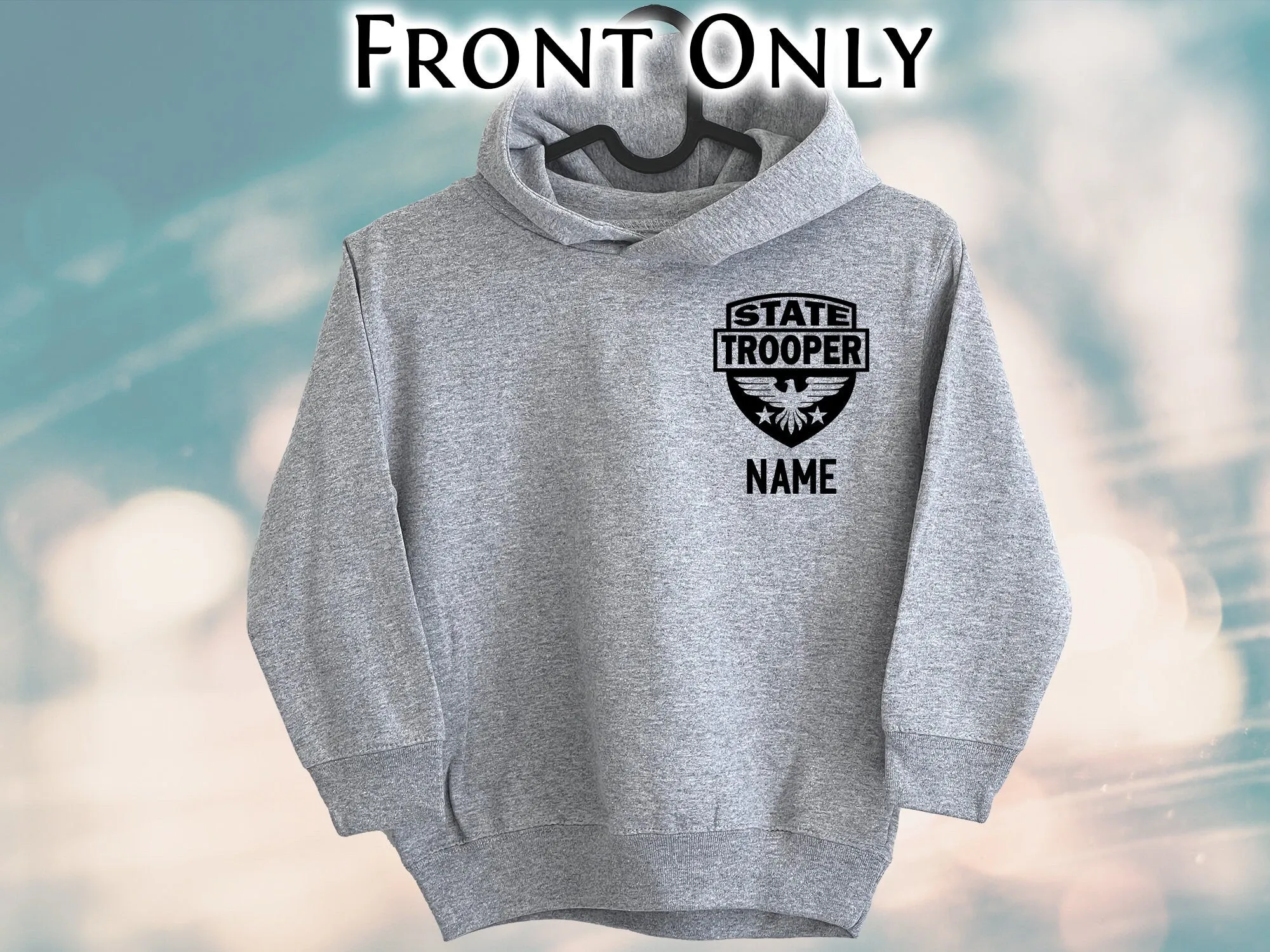 State Trooper Toddler Gray Heather Hoodie with Shield and Personalized Name - Optional Highway Patrol  or Other Text on Back