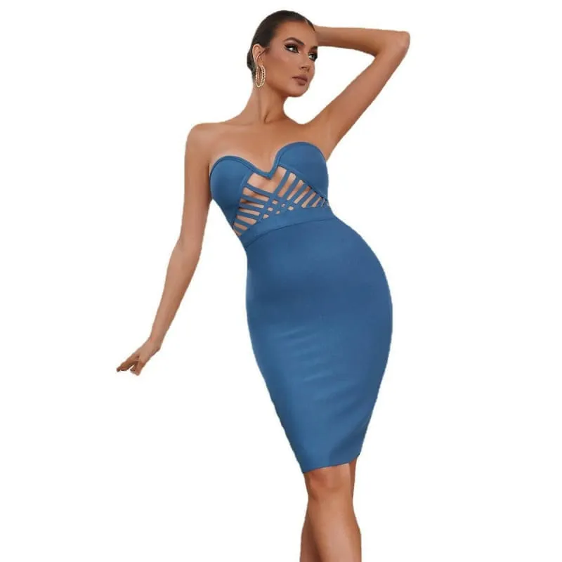 Strapless Blue Bandage Dress with Cutout Details for Ladies