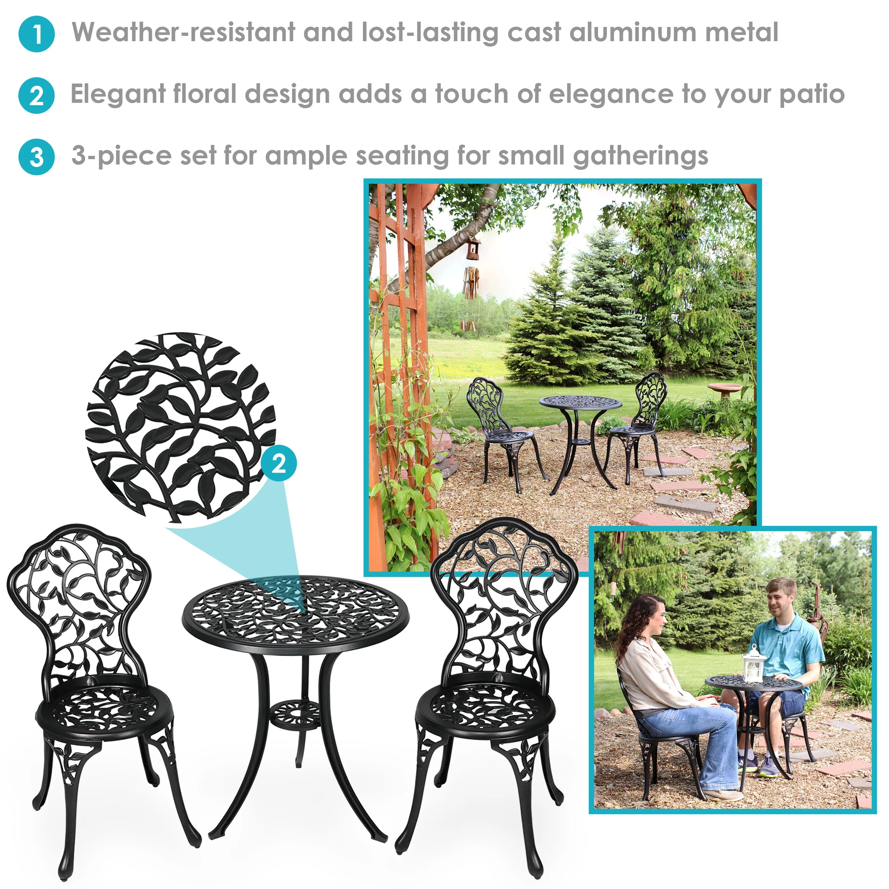 Sunnydaze 3-Piece Outdoor Cast Aluminum Patio Bistro Set