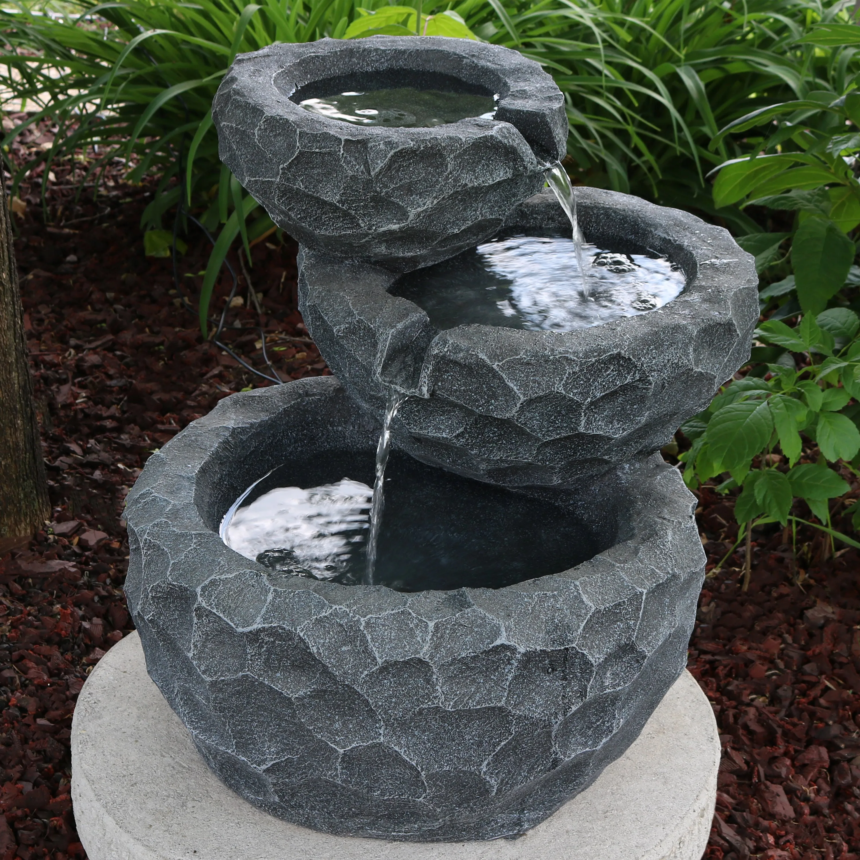 Sunnydaze 3-Tier Chiseled Basin Solar Fountain with Battery Backup