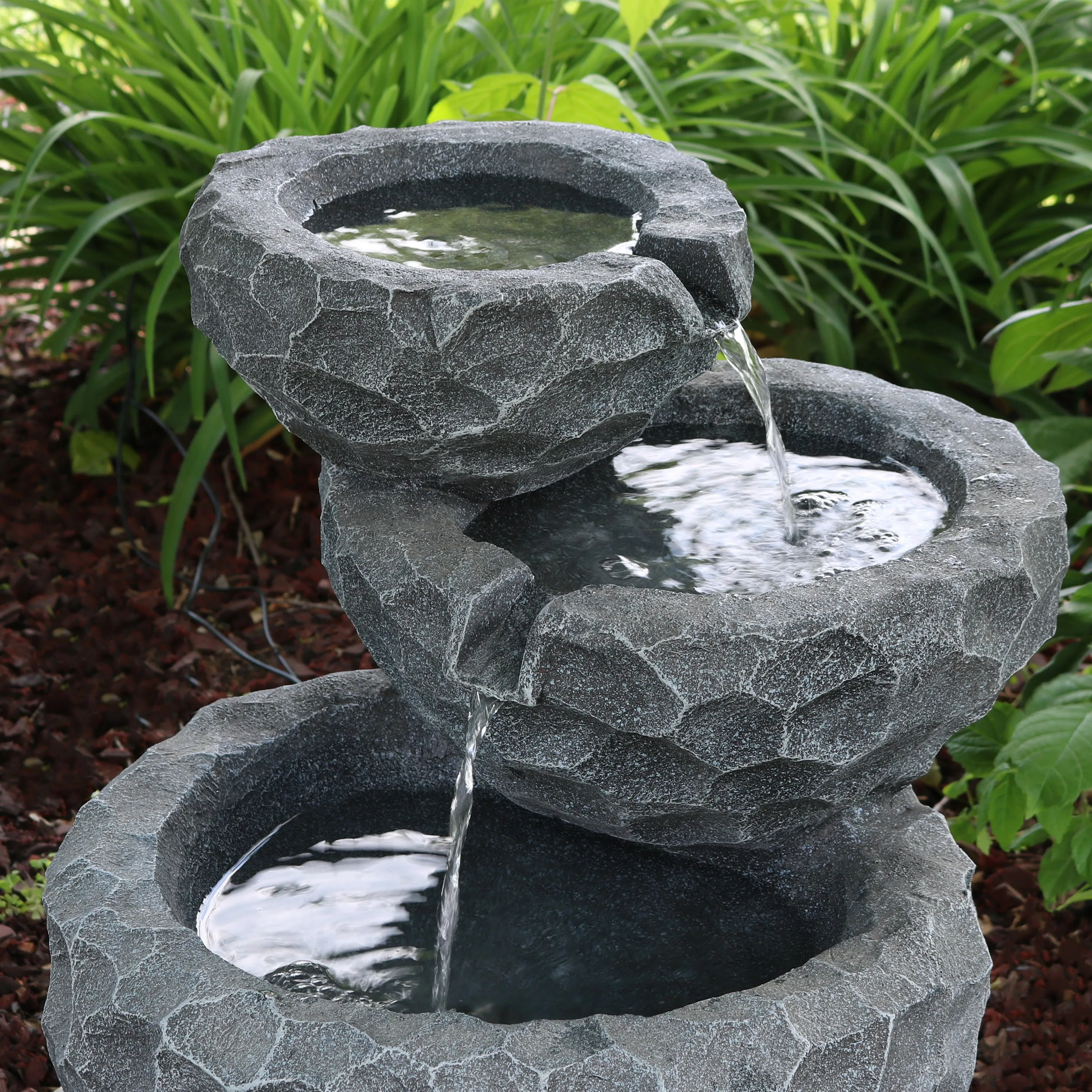 Sunnydaze 3-Tier Chiseled Basin Solar Fountain with Battery Backup