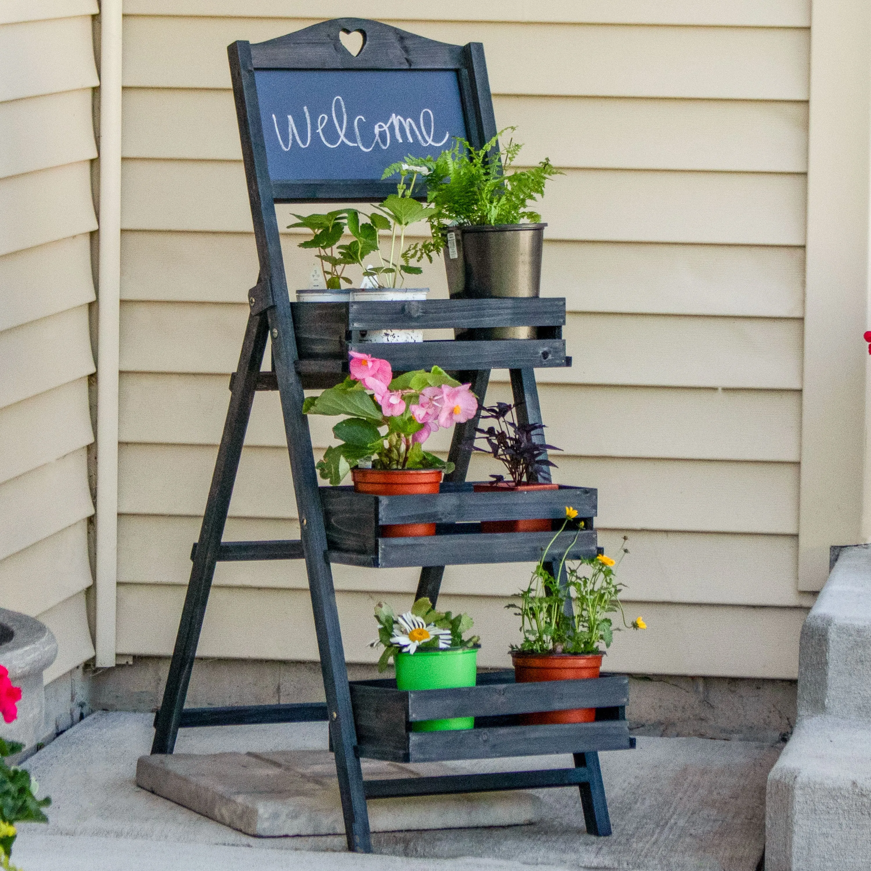 Sunnydaze Country Heart 3-Tier Wooden Plant Stand with Chalkboard - 41" H