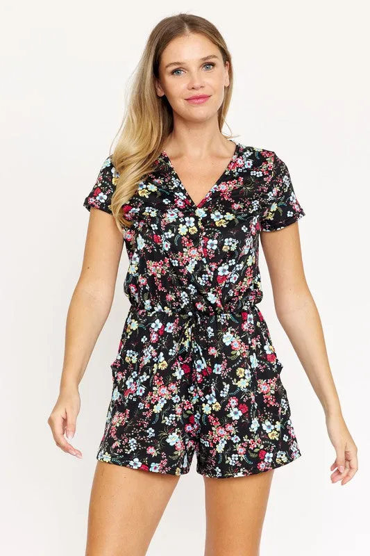 Surplice Drawstring Floral Romper