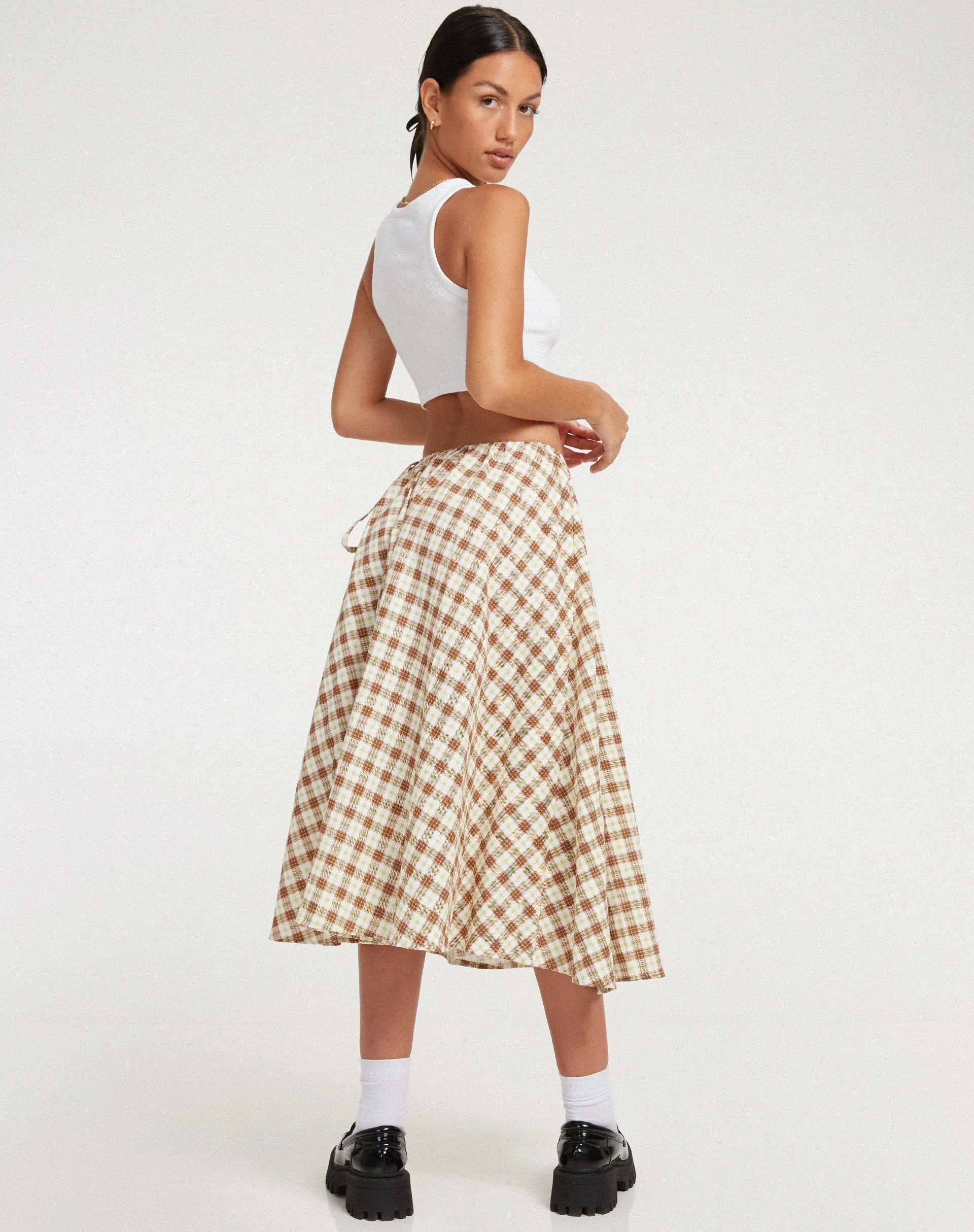 Takara Midi Skirt in Yellow and Brown Check