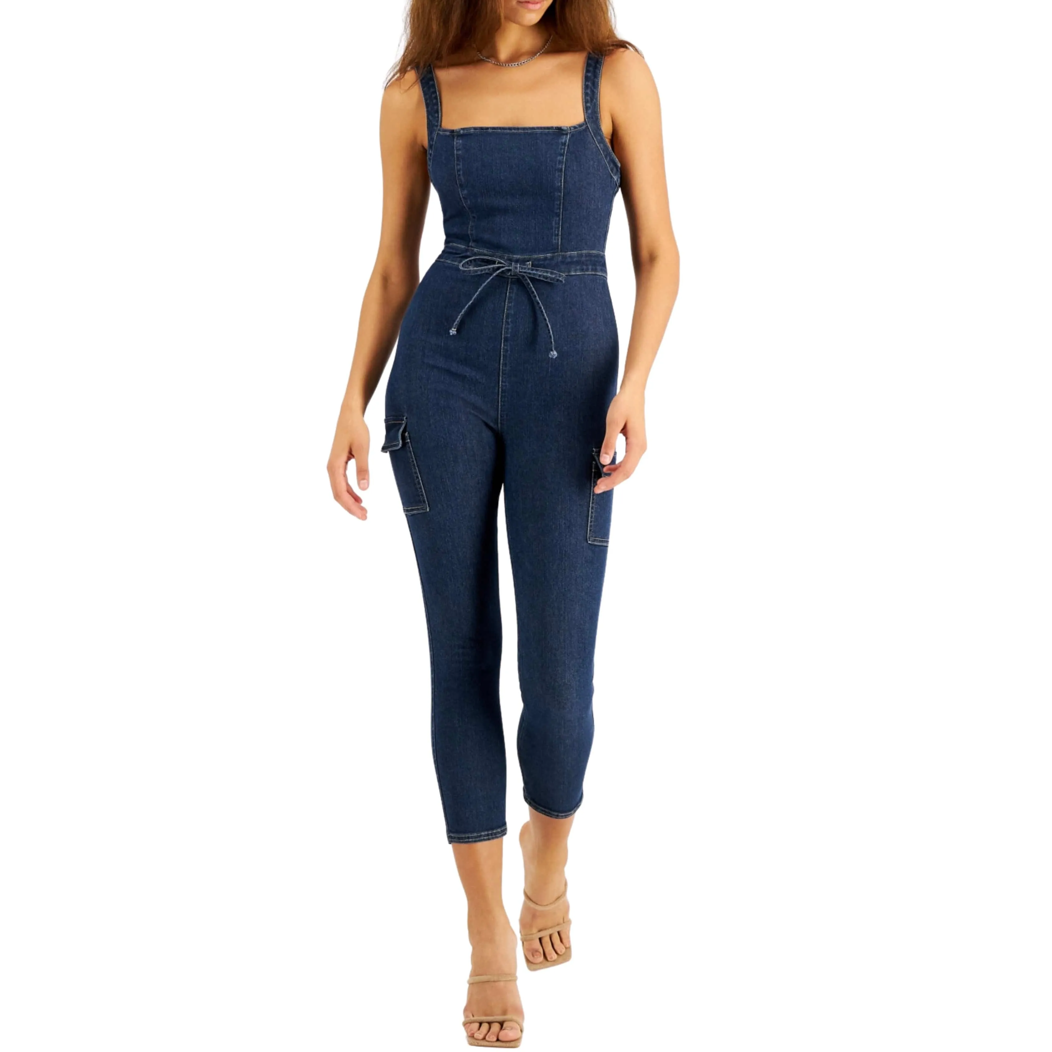 TINSELTOWN -  Belted Denim Jumpsuit with Ruffle