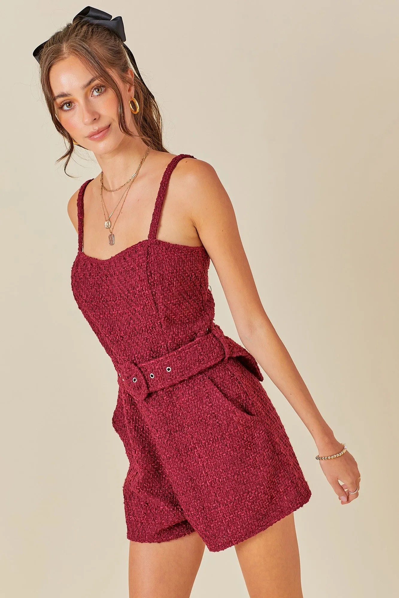 TWEED BELTED ROMPER IN WINE