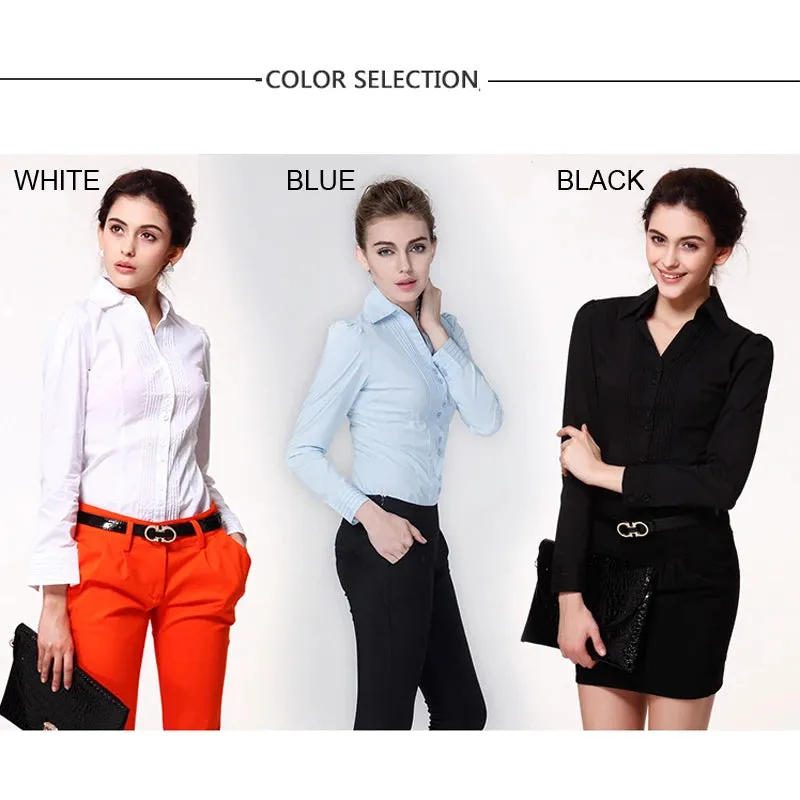 Uniwim Plus Size Solid Color Turn-down Collar V Neck Bodysuit Women Shirts Front Pleated White Blouse Office Ladies Tops Black Blue 5XL