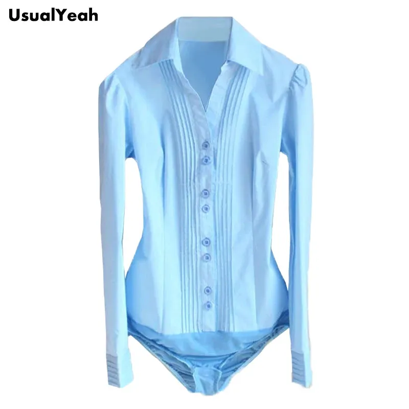 Uniwim Plus Size Solid Color Turn-down Collar V Neck Bodysuit Women Shirts Front Pleated White Blouse Office Ladies Tops Black Blue 5XL