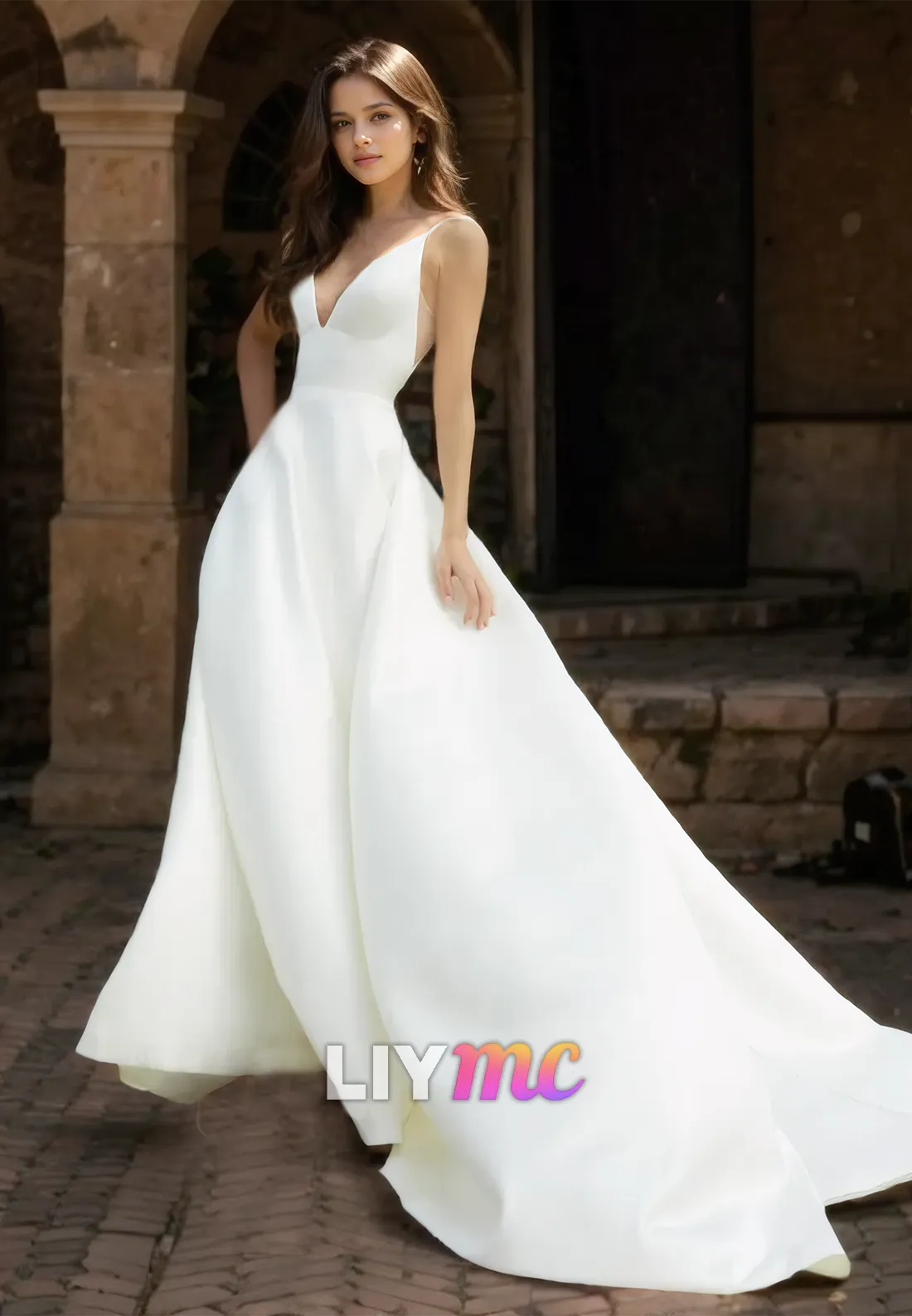 V-Neck Straps Sleeveless Pleated Satin A-Line Wedding Dress