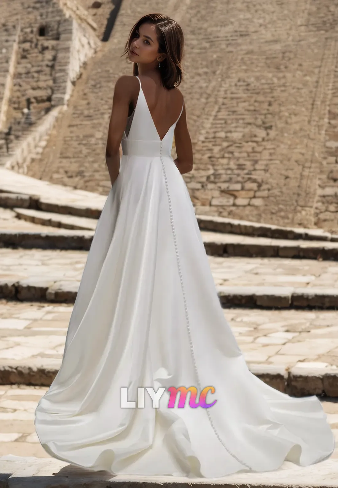 V-Neck Straps Sleeveless Pleated Satin A-Line Wedding Dress