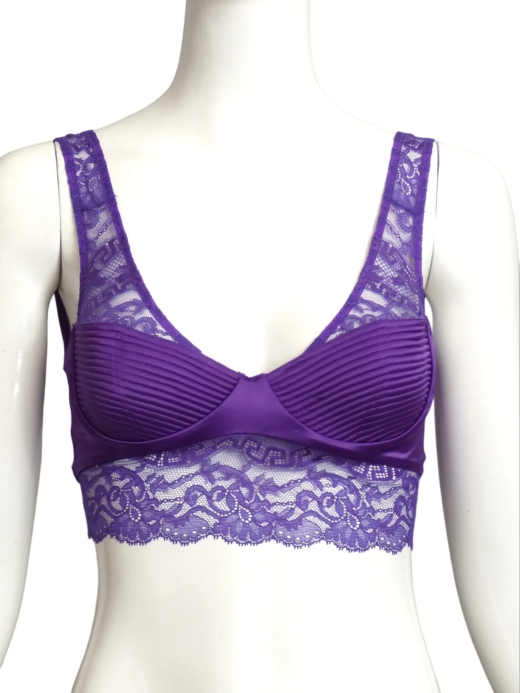 VERSACE- NWT 2023 Purple Satin & Lace Bra Top, Multiple Sizes Available