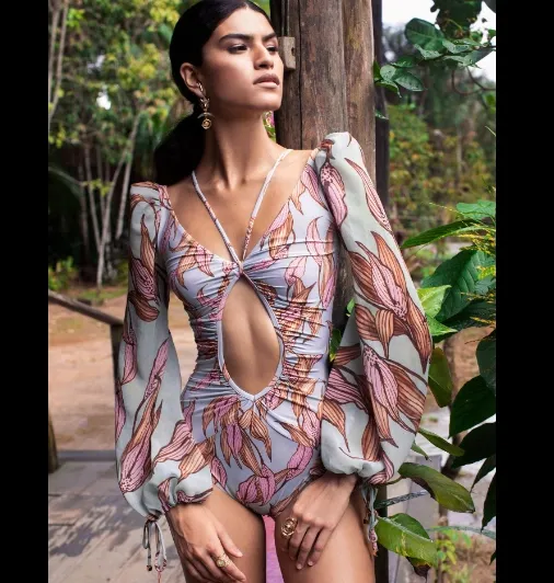 Vintage One Piece Swimsuit Female Long Sleeve Swimwear Women Plus Size Bathing Suit Print Bandage Summer Bathers Monokini