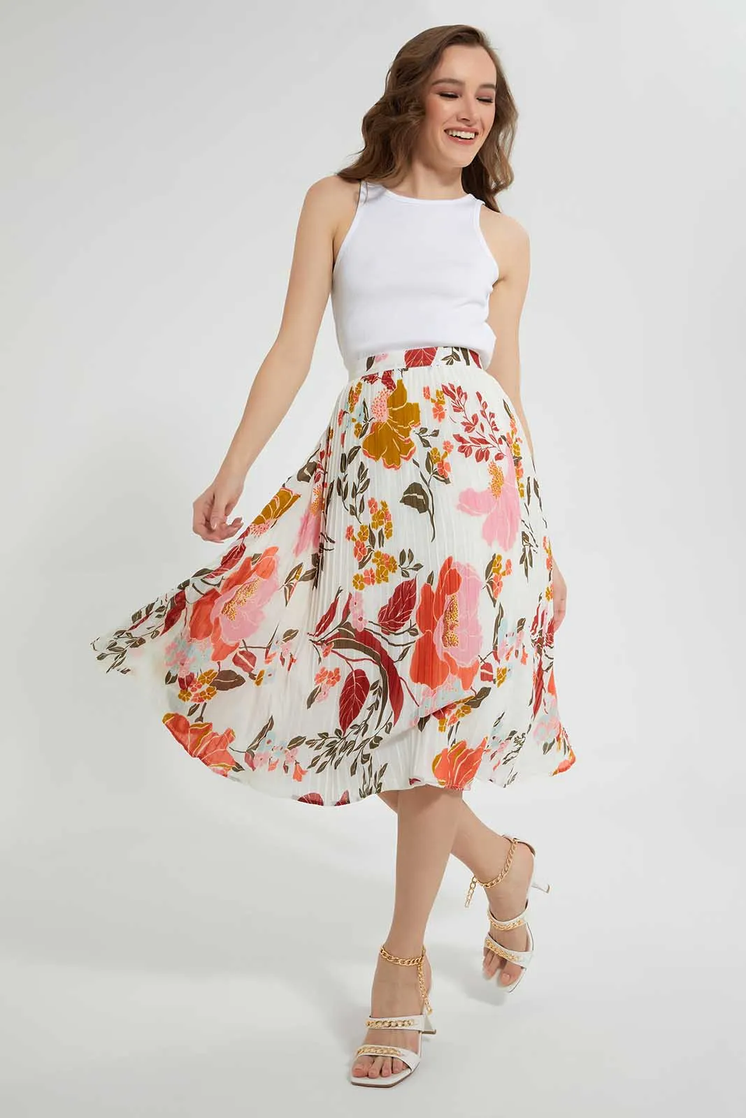 White Floral Pleated Skirt