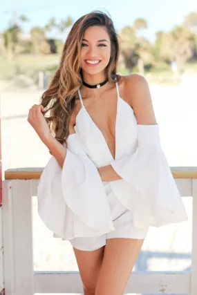 White Off Shoulder Romper with Criss Cross Back