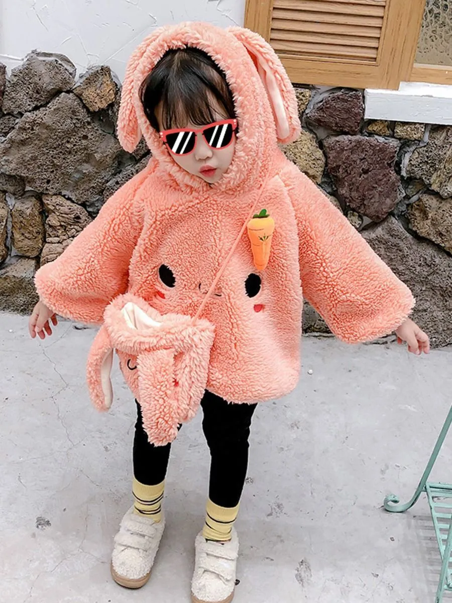 Winter 2-Piece Cute Bunny Style Fleeced Hoodies Matching Mini Bag