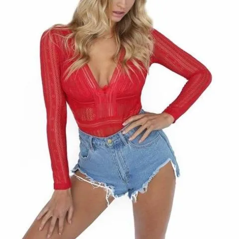 Women Deep V neck Lace Mesh Bodysuit