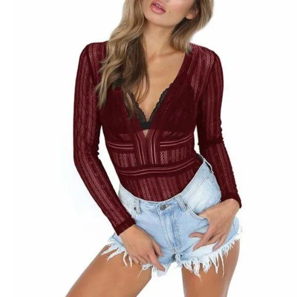 Women Deep V neck Lace Mesh Bodysuit