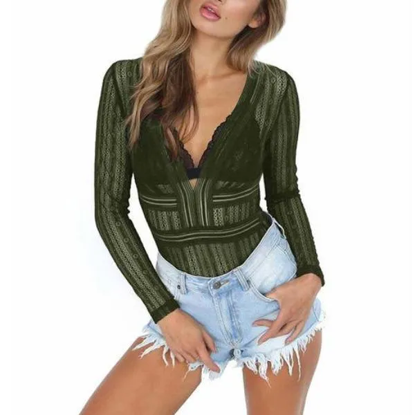 Women Deep V neck Lace Mesh Bodysuit