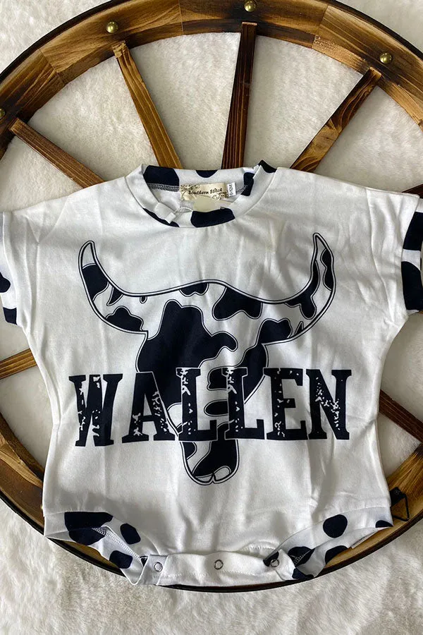 XCH0014-9H WALLEN & cow print bull skull white infant baby onesie