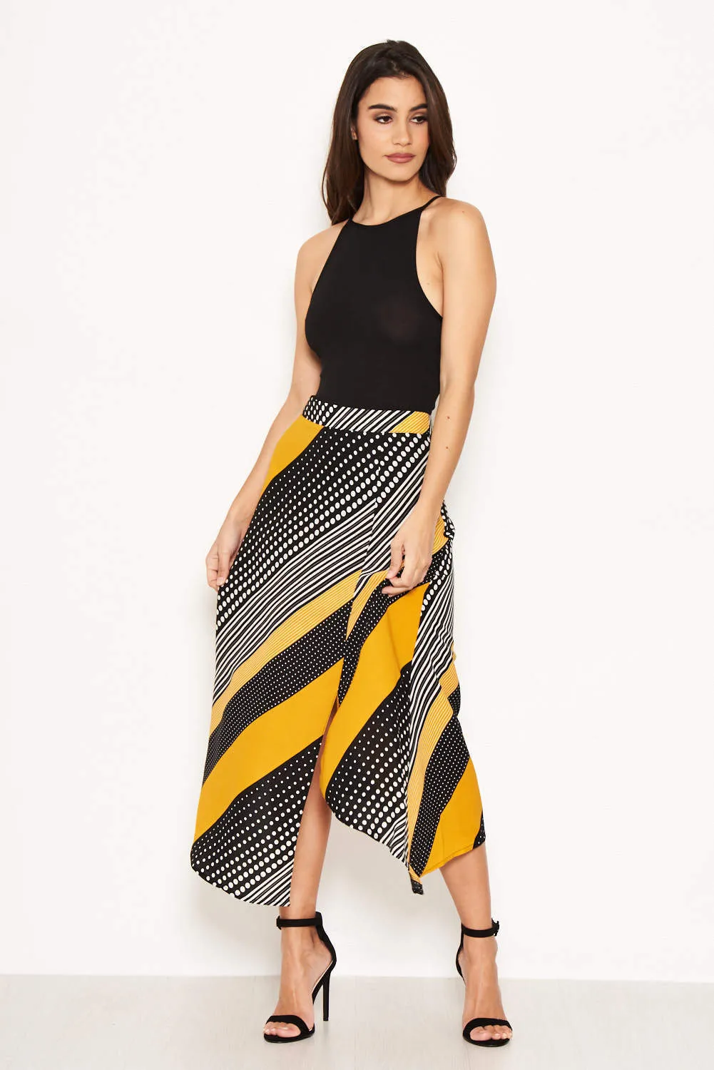 Yellow Multi Print Midi Skirt